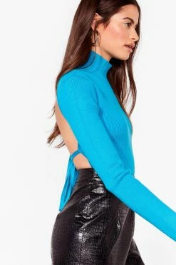 Open Tie Back Knitted Turtleneck Top -Nasty Gal Sales Store Sales womens aqua backless knitted turtleneck top