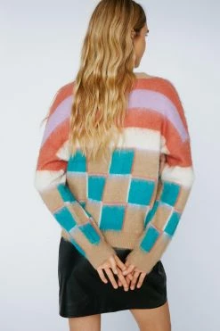 Check Print V-Neck Knitted Sweater -Nasty Gal Sales Store Sales womens beige check print v neck knitted sweater 2