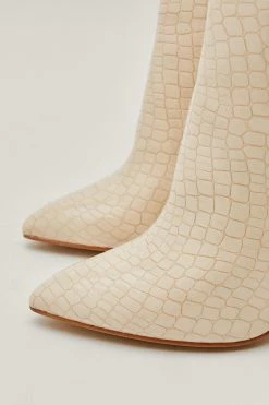 Faux Leather Croc Knee High Pointed Boots -Nasty Gal Sales Store Sales womens beige faux leather croc knee high pointed boots 2