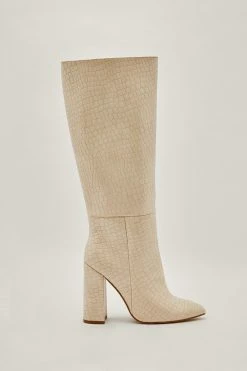 Faux Leather Croc Knee High Pointed Boots