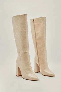 Faux Leather Croc Knee High Pointed Boots -Nasty Gal Sales Store Sales womens beige faux leather croc knee high pointed boots 3