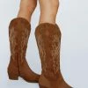 Faux Suede Embroidered Knee High Cowboy Boots