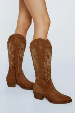 Faux Suede Embroidered Knee High Cowboy Boots
