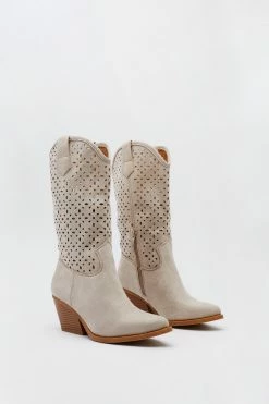 Faux Suede Lazer Cut Midi Cowboy Boots -Nasty Gal Sales Store Sales womens beige faux suede lazer cut midi cowboy boots 2