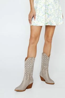Faux Suede Lazer Cut Midi Cowboy Boots -Nasty Gal Sales Store Sales womens beige faux suede lazer cut midi cowboy boots 3