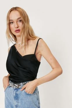 Satin Asymmetric Cowl Neck Cami Top -Nasty Gal Sales Store Sales womens black asymmetric satin cowl neck cami top