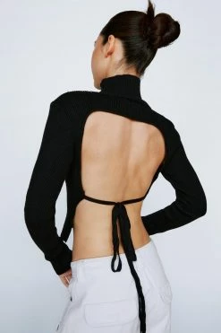 Open Tie Back Knitted Turtleneck Top -Nasty Gal Sales Store Sales womens black backless knitted turtleneck top 3