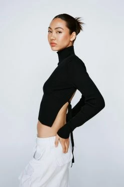 Open Tie Back Knitted Turtleneck Top -Nasty Gal Sales Store Sales womens black backless knitted turtleneck top 7