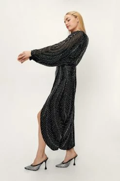 Beaded Wrap Front Plunging Midi Dress 9 Beaded Wrap Front Plunging Midi Dress -Nasty Gal Sales Store Sales womens black beaded wrap front plunging midi dress 2