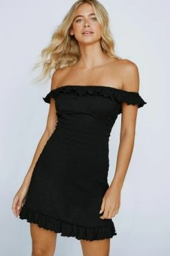 Crinkle Textured Frill Bardot Mini Dress