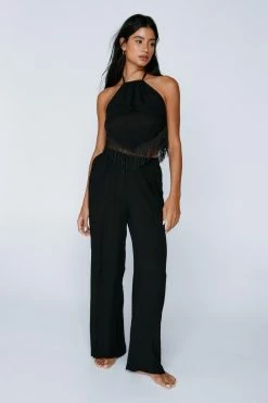 Crinkle Wide Leg Cover Up Pants -Nasty Gal Sales Store Sales womens black crinkle wide leg cover up pants 3
