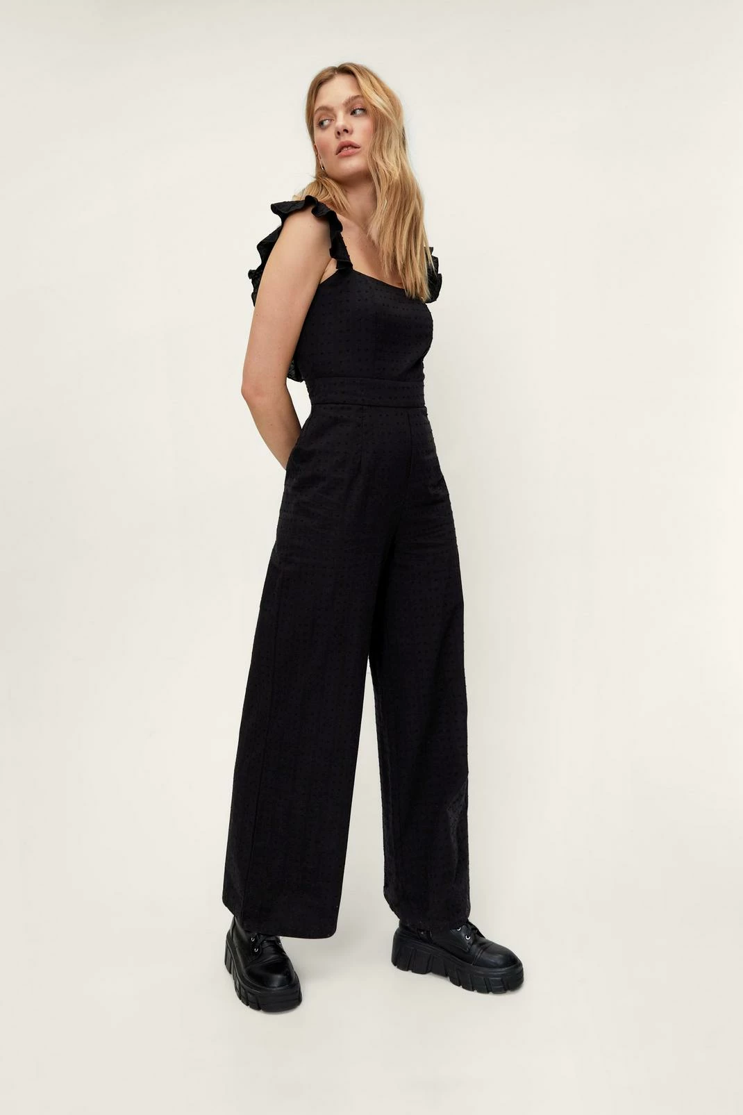 Dobby Texture Ruffle Wide Leg Jumpsuit 3 Dobby Texture Ruffle Wide Leg Jumpsuit - Image 3