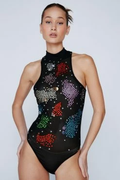 Embellished Mesh Racer Back Bodysuit