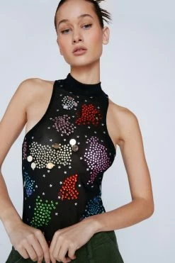 Embellished Mesh Racer Back Bodysuit 7 Embellished Mesh Racer Back Bodysuit -Nasty Gal Sales Store Sales womens black embellished mesh racer back bodysuit 3
