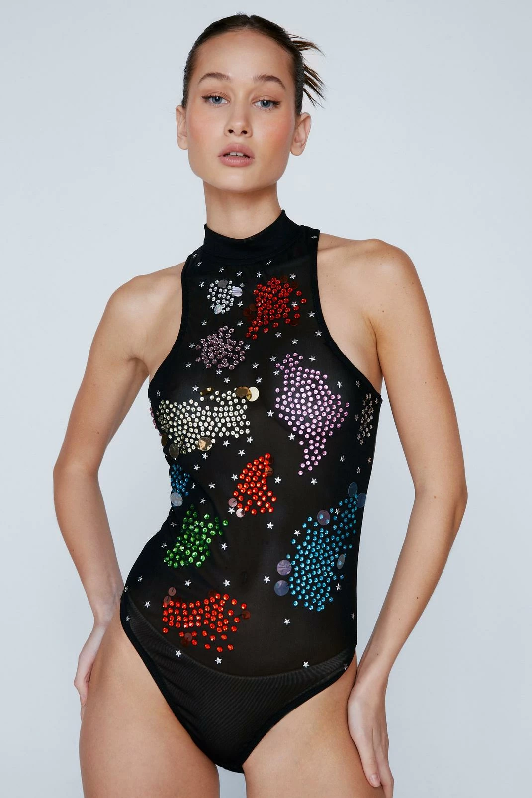 Embellished Mesh Racer Back Bodysuit 1 Embellished Mesh Racer Back Bodysuit