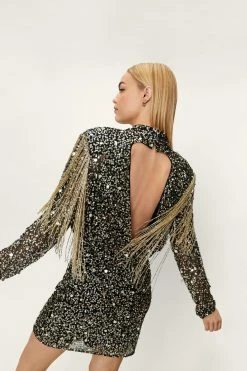Embellished Sequin Fringe Trim Bodycon Mini Dress -Nasty Gal Sales Store Sales womens black embellished sequin fringe trim bodycon mini dress 2