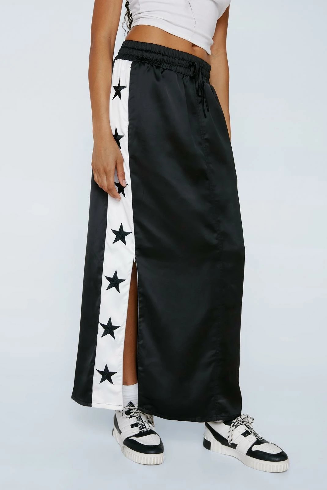 Embroidered Star Taping Detail Satin Maxi Skirt 2 Embroidered Star Taping Detail Satin Maxi Skirt - Image 2