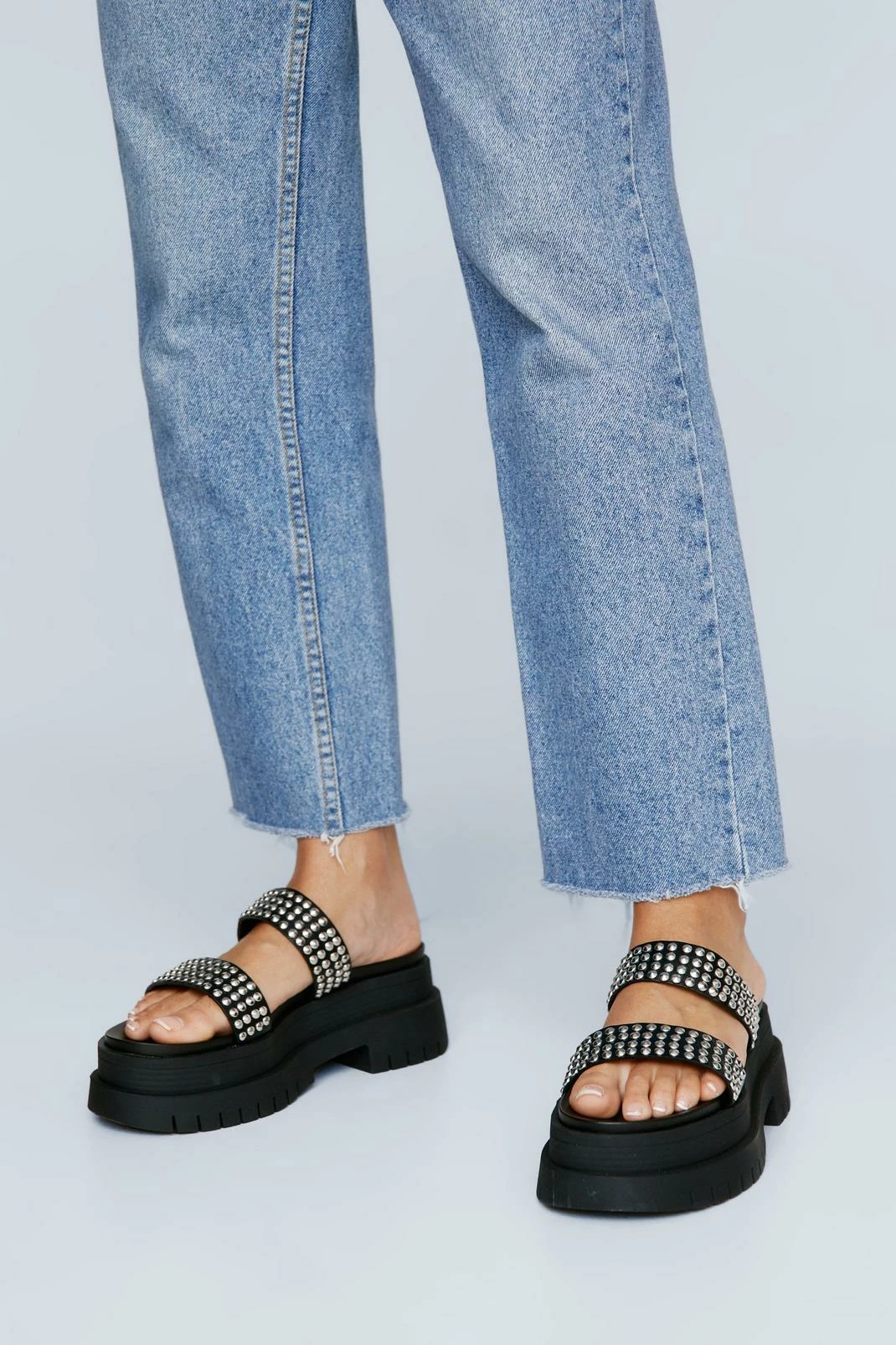 Faux Leather Double Strap Studded Chunky Platform Sandal 4 Faux Leather Double Strap Studded Chunky Platform Sandal - Image 4