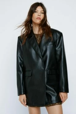Faux Leather Fringed Longline Blazer -Nasty Gal Sales Store Sales womens black faux leather fringed longline blazer 2