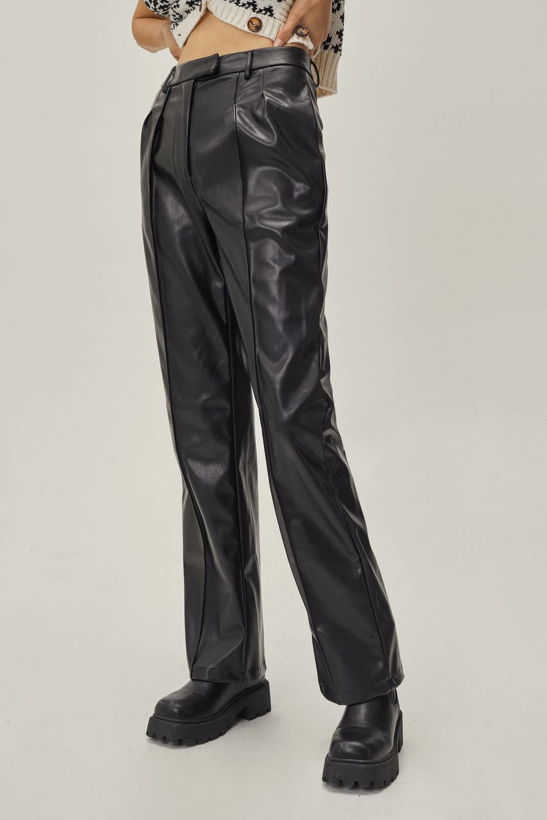Faux Leather Straight Leg Pleated Pants 4 Faux Leather Straight Leg Pleated Pants - Image 4