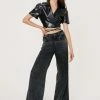 Faux Leather Wrap Wide Sleeve Crop Top