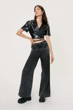 Faux Leather Wrap Wide Sleeve Crop Top