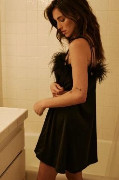 Feather Trim Satin Nighty Slip Dress -Nasty Gal Sales Store Sales womens black feather trim satin nighty slip dress 5
