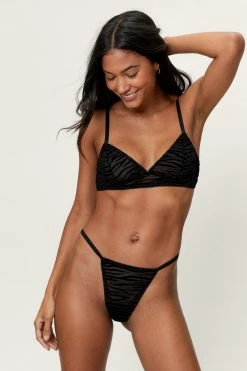 Flocked Zebra Lace Trim Lingerie Set