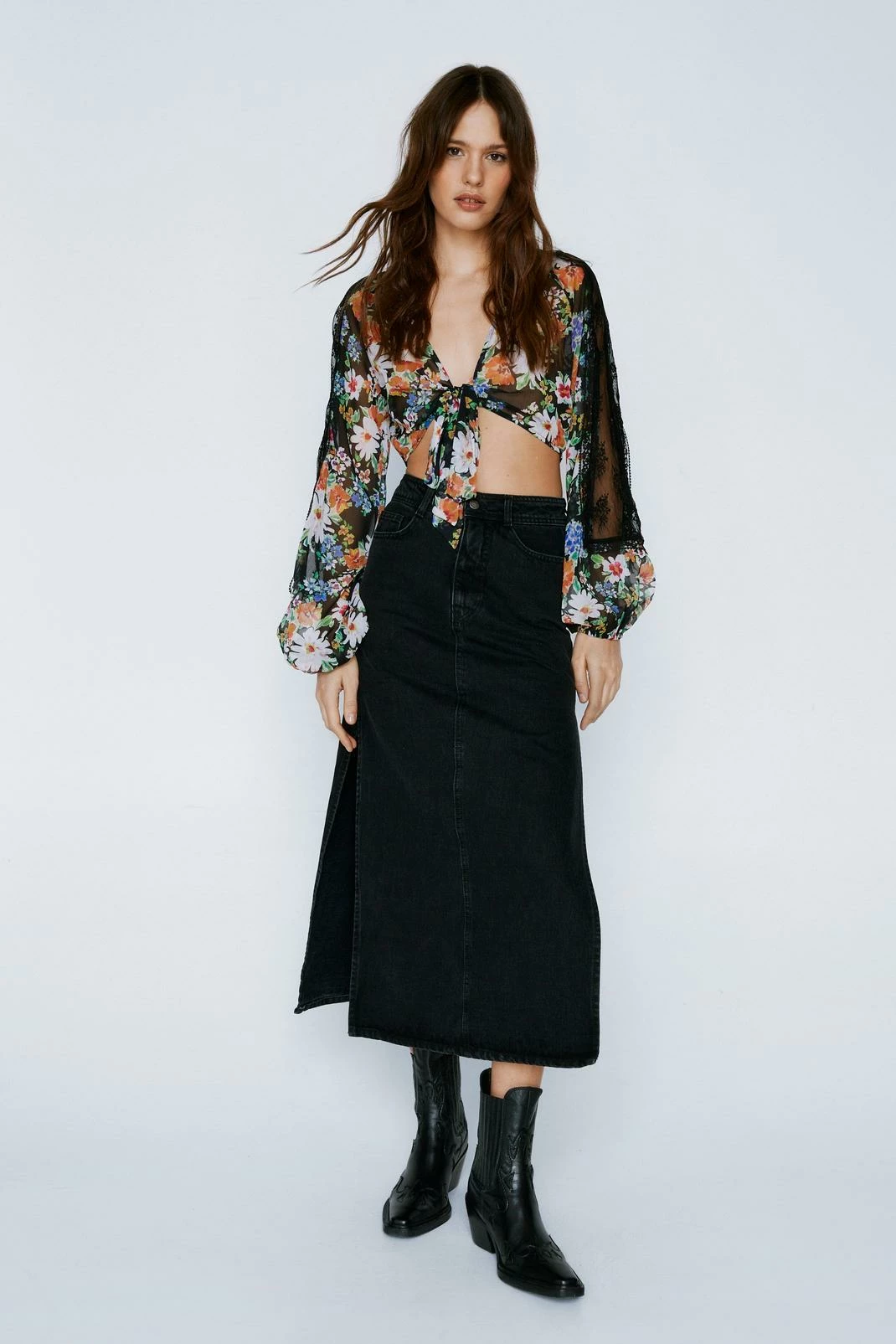 Floral Chiffon Lace Trim Tie Front Top 2 Floral Chiffon Lace Trim Tie Front Top - Image 2
