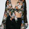 Floral Chiffon Lace Trim Tie Front Top