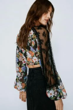 Floral Chiffon Lace Trim Tie Front Top 6 Floral Chiffon Lace Trim Tie Front Top -Nasty Gal Sales Store Sales womens black floral chiffon lace trim tie front top 2