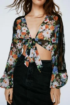 Floral Chiffon Lace Trim Tie Front Top