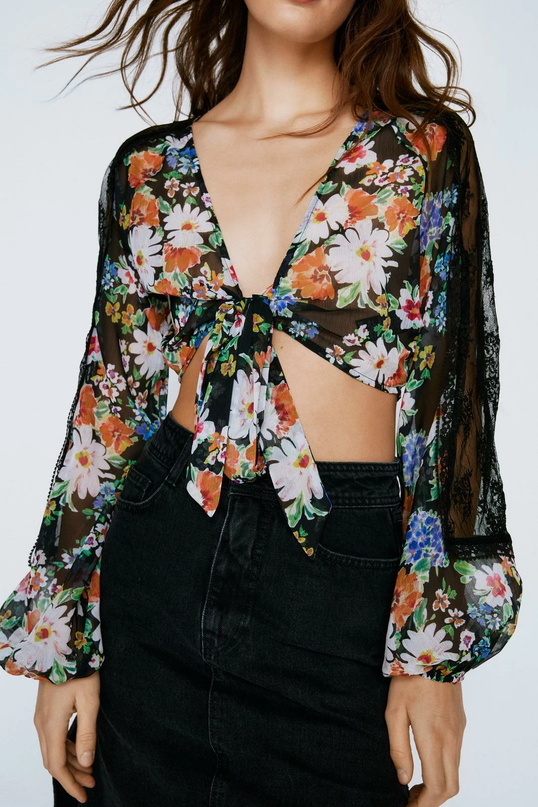 Floral Chiffon Lace Trim Tie Front Top 1 Floral Chiffon Lace Trim Tie Front Top