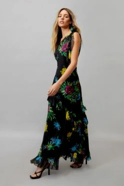 Floral Chiffon Ruffle One Shoulder Maxi Dress