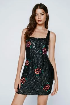 Floral Sequin Square Neck Mini Dress