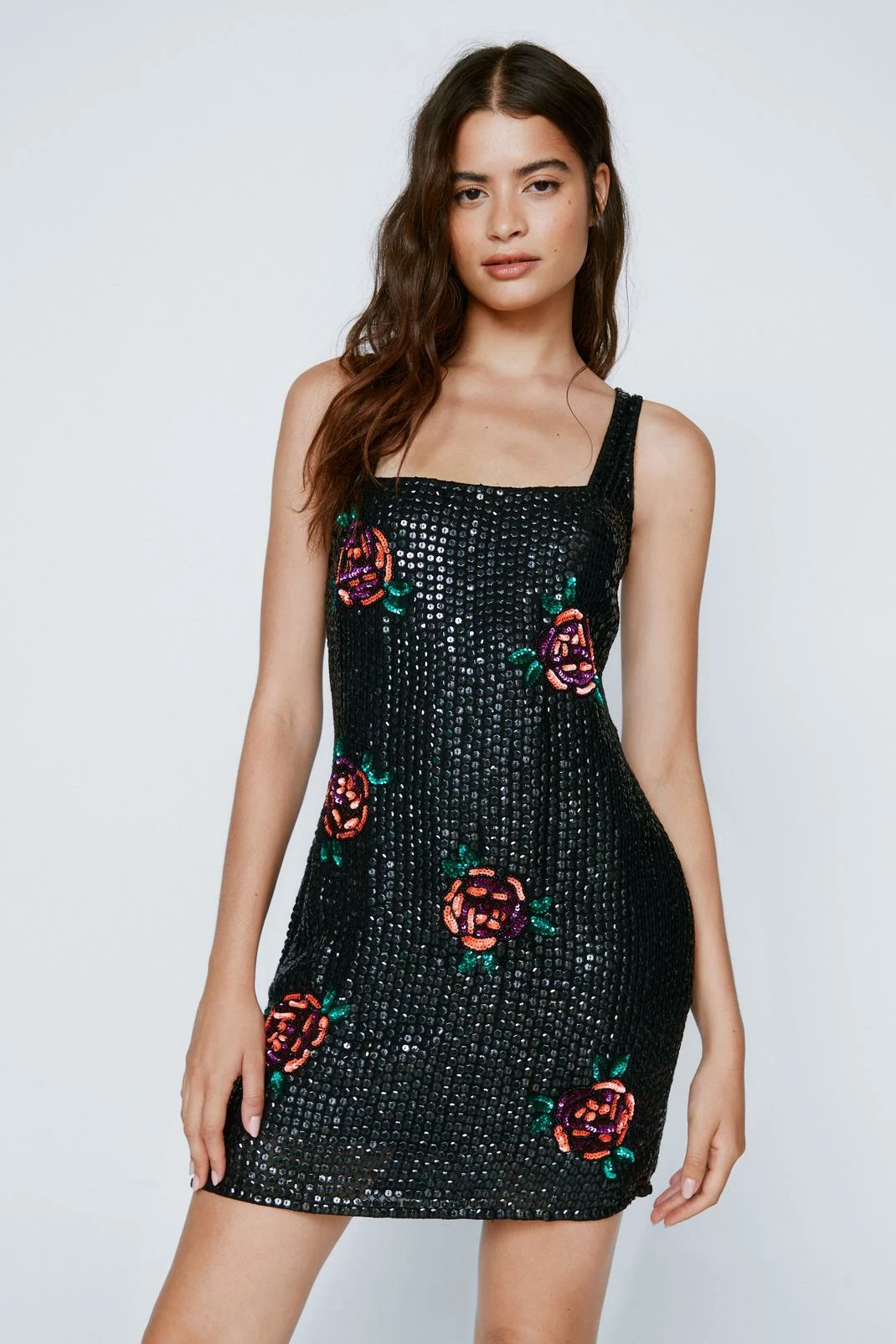 Floral Sequin Square Neck Mini Dress 1 Floral Sequin Square Neck Mini Dress