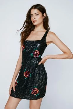 Floral Sequin Square Neck Mini Dress 13 Floral Sequin Square Neck Mini Dress -Nasty Gal Sales Store Sales womens black floral sequin square neck mini dress 6