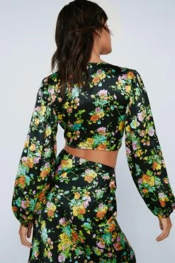 Floral Tie Front Puff Sleeve Blouse 6 Floral Tie Front Puff Sleeve Blouse -Nasty Gal Sales Store Sales womens black floral tie front puff sleeve blouse 2