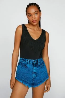 Fringe V Neck Bodysuit -Nasty Gal Sales Store Sales womens black fringe v neck bodysuit 1 3