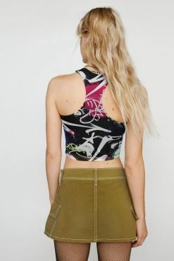 Graffiti Print Racer Mesh Top 6 Graffiti Print Racer Mesh Top -Nasty Gal Sales Store Sales womens black graffiti print racer mesh top 1 2