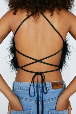 Halterneck Feather Lace Up Back Top -Nasty Gal Sales Store Sales womens black halterneck feather lace up back top 1