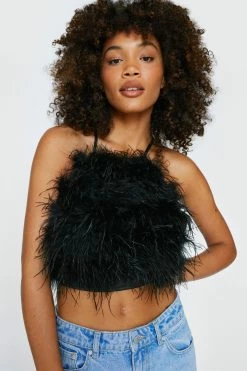 Halterneck Feather Lace Up Back Top -Nasty Gal Sales Store Sales womens black halterneck feather lace up back top 2
