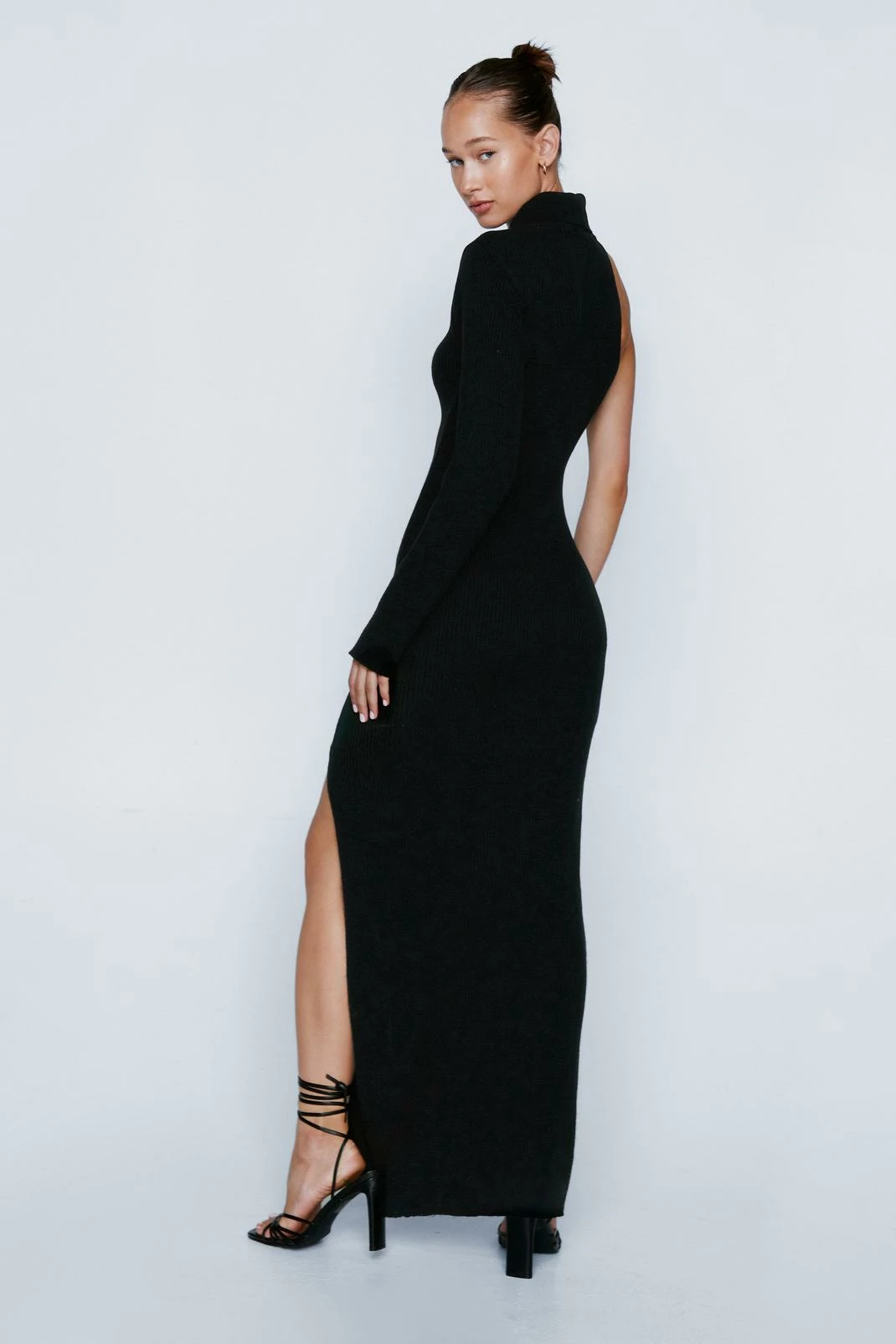 Knitted High Neck One Sleeve Maxi Dress 3 Knitted High Neck One Sleeve Maxi Dress - Image 3