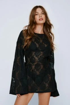 Lace Flare Sleeve Open Back Mini Dress