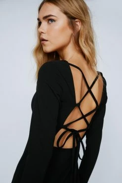 Long Sleeve Lace Up Back Midi Dress 6 Long Sleeve Lace Up Back Midi Dress -Nasty Gal Sales Store Sales womens black long sleeve lace up back midi dress 2