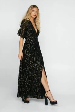 Metallic Spot Angel Sleeve Maxi Dress 11 Metallic Spot Angel Sleeve Maxi Dress -Nasty Gal Sales Store Sales womens black metallic spot angel sleeve maxi dress 1
