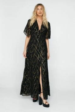 Metallic Spot Angel Sleeve Maxi Dress 13 Metallic Spot Angel Sleeve Maxi Dress -Nasty Gal Sales Store Sales womens black metallic spot angel sleeve maxi dress 3