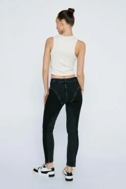 Petite Contrast High Rise Denim Skinny Jeans