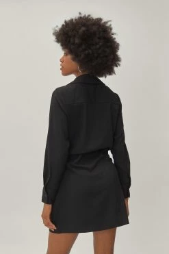 Petite Knot Front V Neck Mini Shirt Dress 12 Petite Knot Front V Neck Mini Shirt Dress -Nasty Gal Sales Store Sales womens black petite knot front v neck mini shirt dress 5