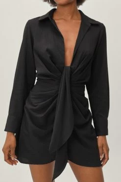 Petite Knot Front V Neck Mini Shirt Dress 13 Petite Knot Front V Neck Mini Shirt Dress -Nasty Gal Sales Store Sales womens black petite knot front v neck mini shirt dress 6
